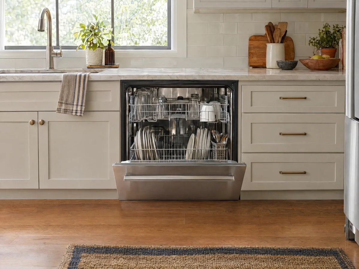 Stainless under-counter dishwasher in a light kitchen, door partially lowered revealing orderly clean racks, credible kitchen installation.