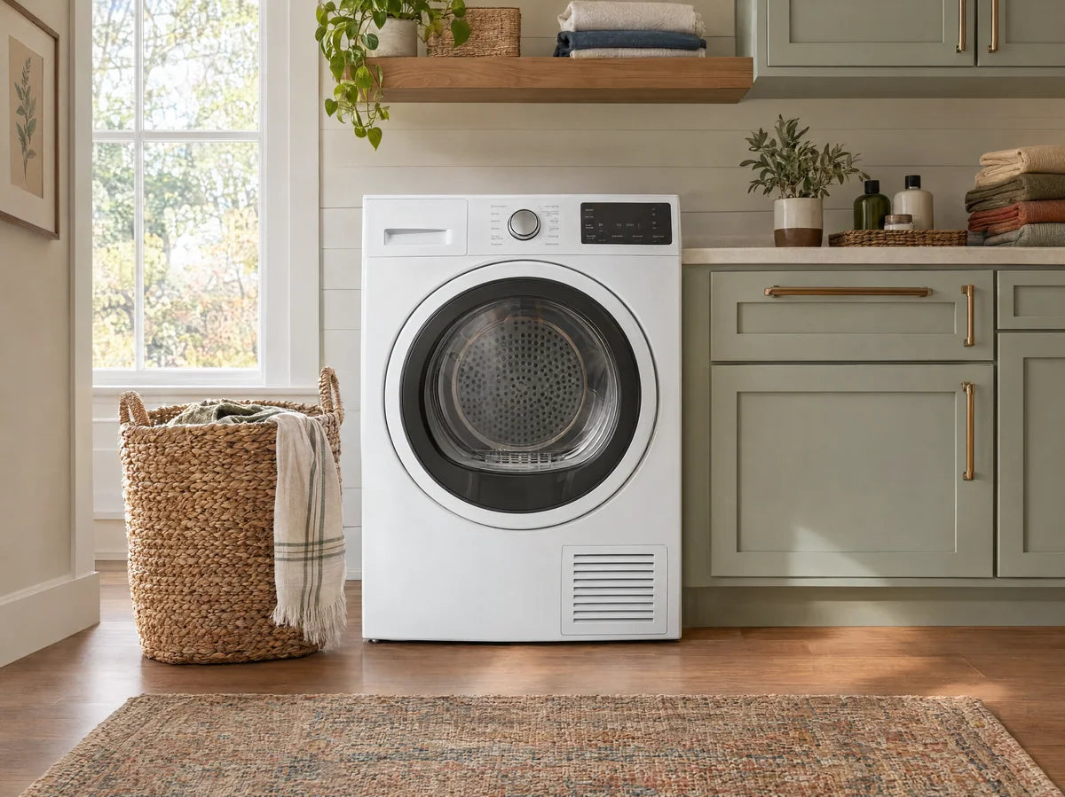 White front-load tumble dryer with glass circular door beside neat woven laundry basket, pale laundry cabinetry, realistic vented dryer proportions, no logos.
