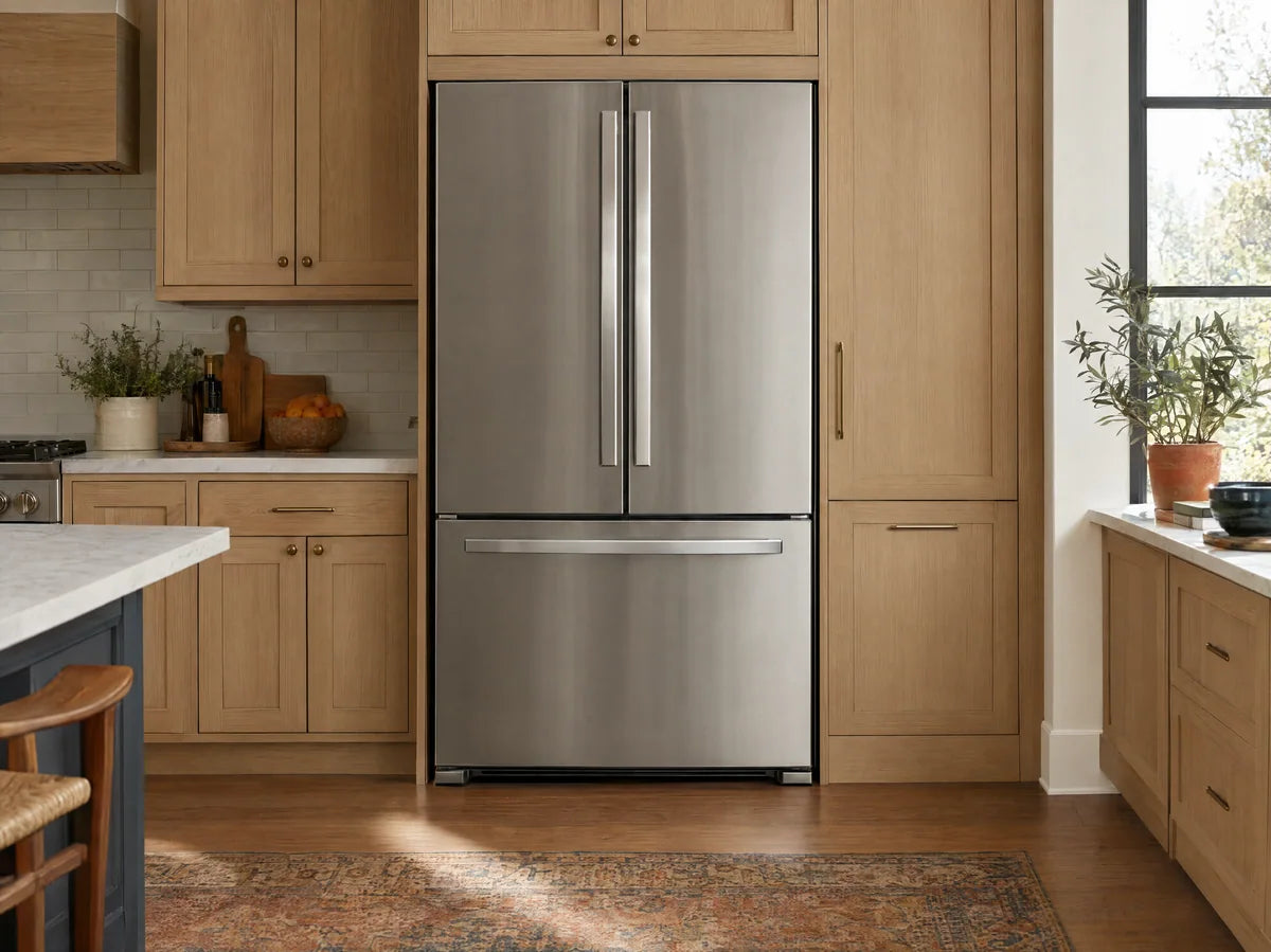 Premium retail editorial photograph of a stainless steel French-door refrigerator with bottom freezer drawer installed between pale oak cabinets, closed doors and consistent handles, realistic proportions.