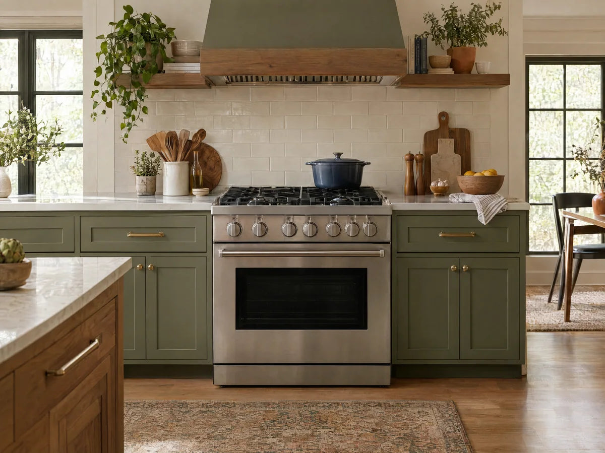 Stainless freestanding gas range with physically accurate cast-iron burner grates and oven below, warm contemporary kitchen, no flames, no logos.