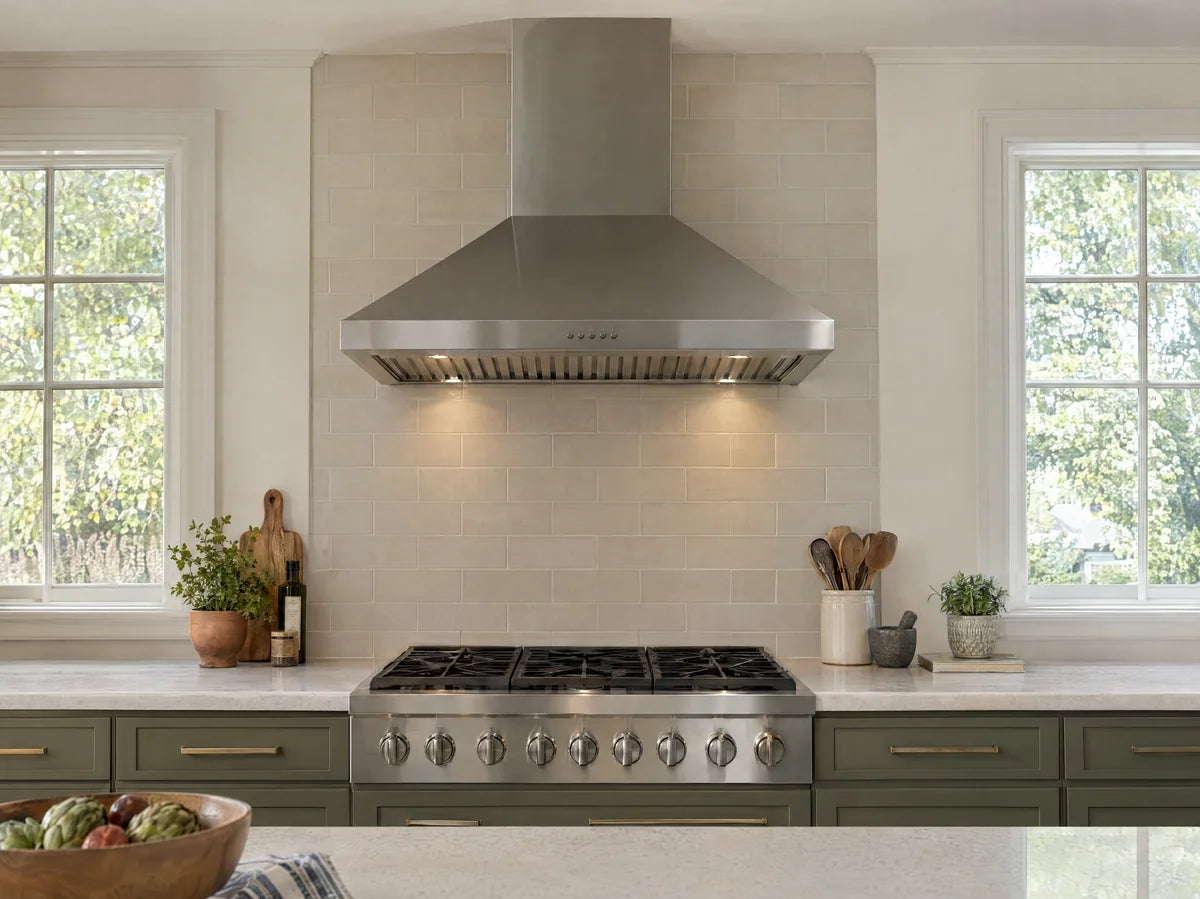 Stainless chimney range hood over a neutral backsplash and cooking surface, clean credible ventilation design, centered architectural photograph.