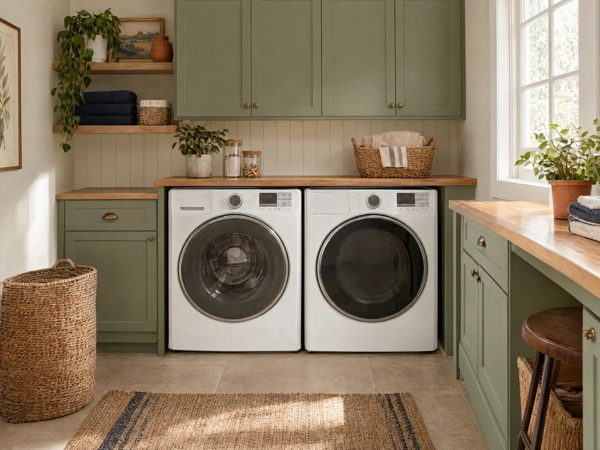 Beautiful practical laundry room with matching white front-load washer and dryer side by side, sage cabinets, oak folding counter and woven basket, natural window light.