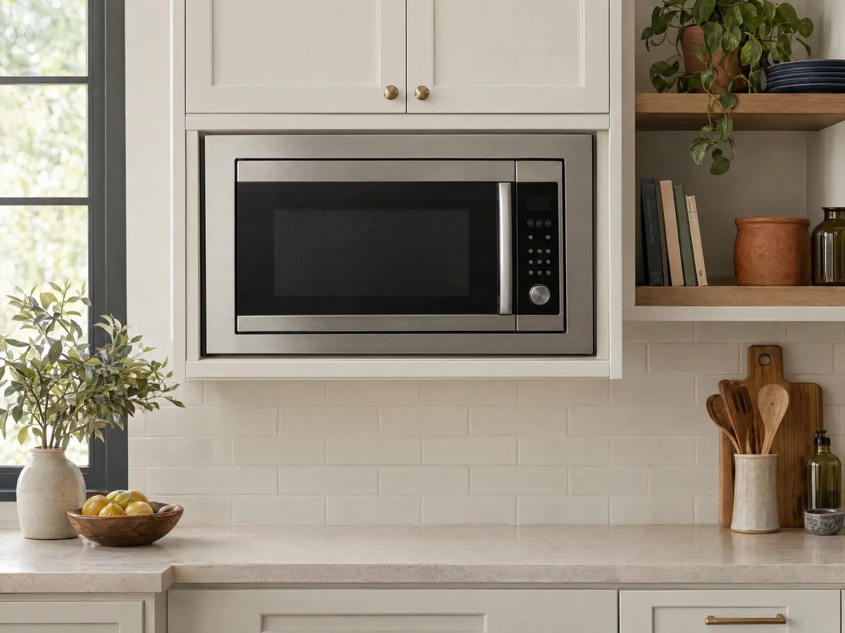Stainless built-in microwave with dark glass door mounted in a clean kitchen cabinet niche, clearly a microwave with modest controls, no logos or readable digital text.