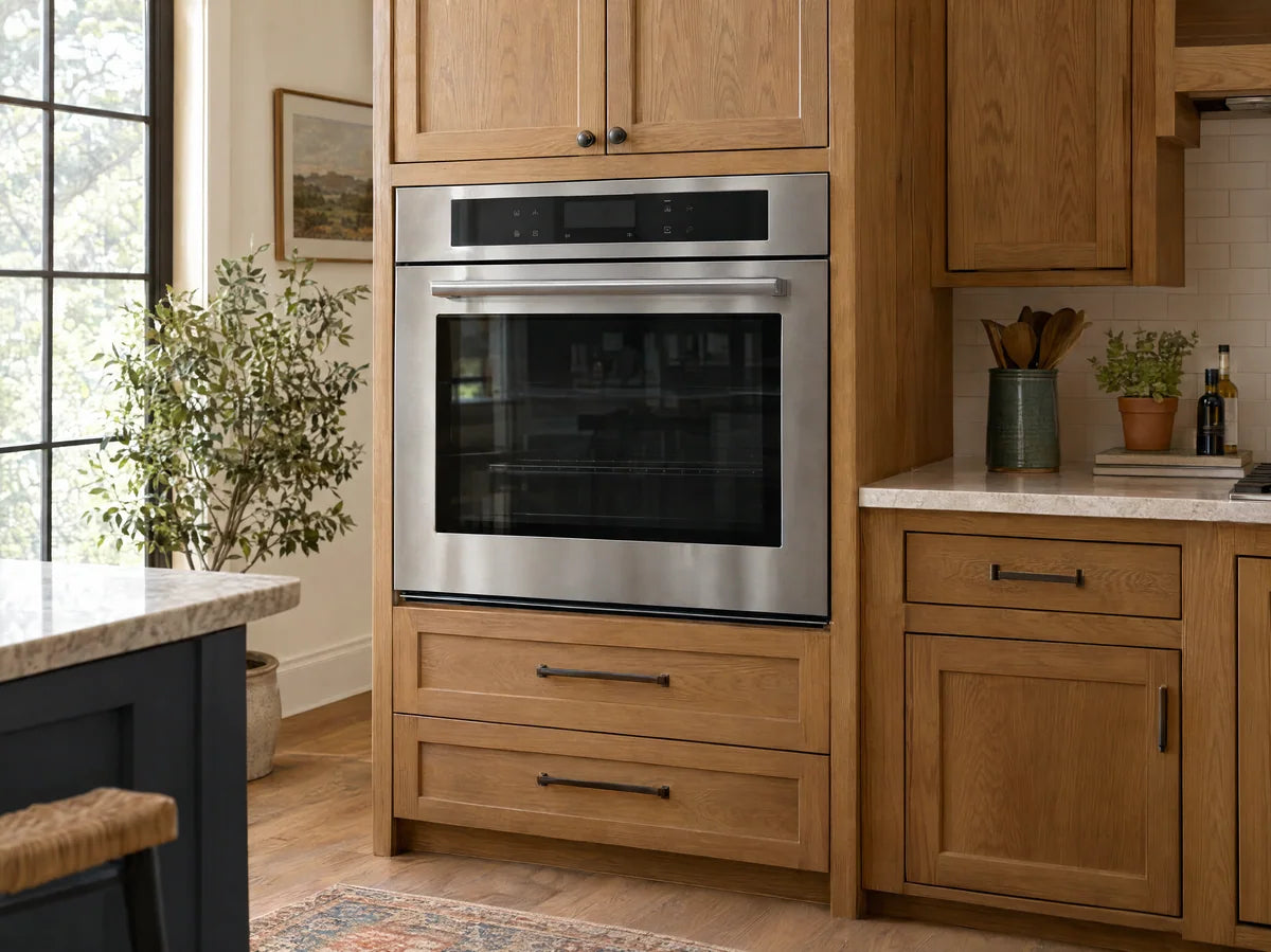 Stainless built-in wall oven with dark glass door mounted at practical waist height within tall oak cabinetry, crisp front three-quarter photograph.
