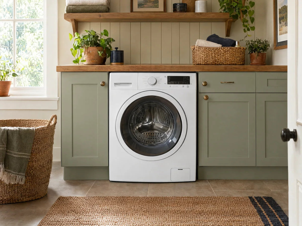 White front-load washing machine installed in a warm laundry room with oak worktop and pale sage cabinet, circular glass door and realistic control panel without legible text.