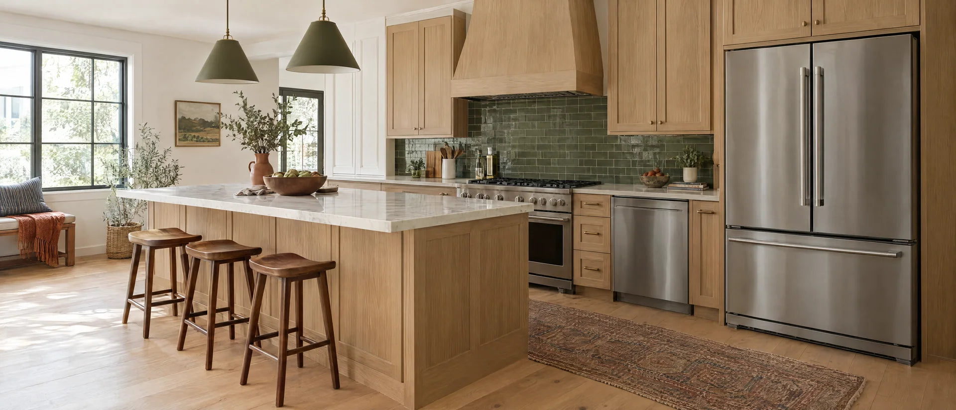 Inviting thoughtfully renovated kitchen with stainless French-door refrigerator, built-in dishwasher, gas range and range hood in coordinated pale oak cabinetry, warm white stone surfaces and deep green backsplash