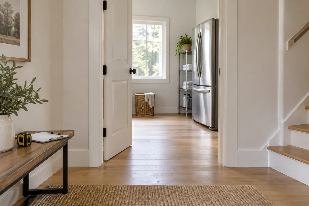 Wide clean doorway leading from a bright hallway into an appliance room with the edge of a refrigerator visible