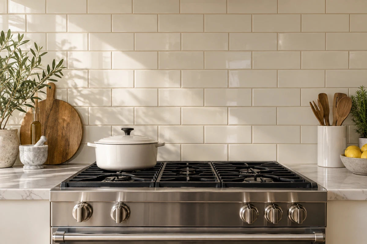 Elegant glossy warm ivory stacked rectangular tile backsplash with crisp sand-colored grout, partial brushed stainless range and black cooking surface in lower foreground
