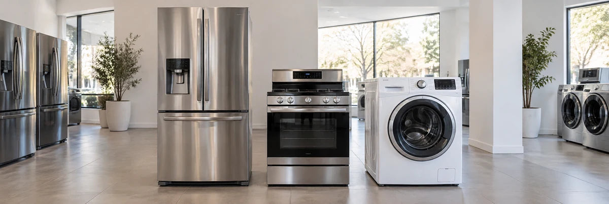 A bright carefully spaced appliance showroom vignette with stainless refrigerator, freestanding range and white front-load washer, each distinct with realistic proportions on warm gray porcelain flooring