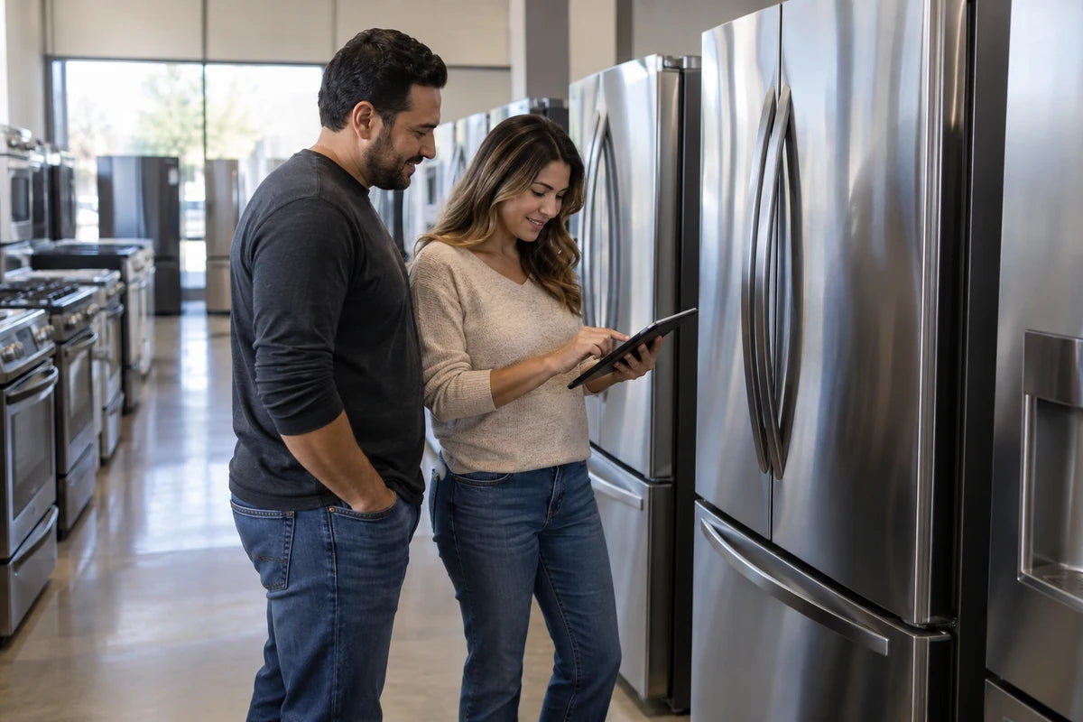 Two adults standing beside a stainless refrigerator in a bright modest appliance showroom, discussing a tablet held away from camera