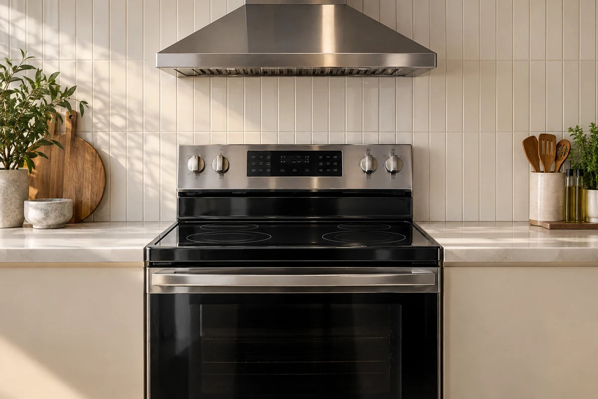 Black glass and stainless electric range beneath a simple stainless chimney hood, warm white vertical tile wall, minimal edge of pale counter on each side, appetizing warm daylight but no food or people