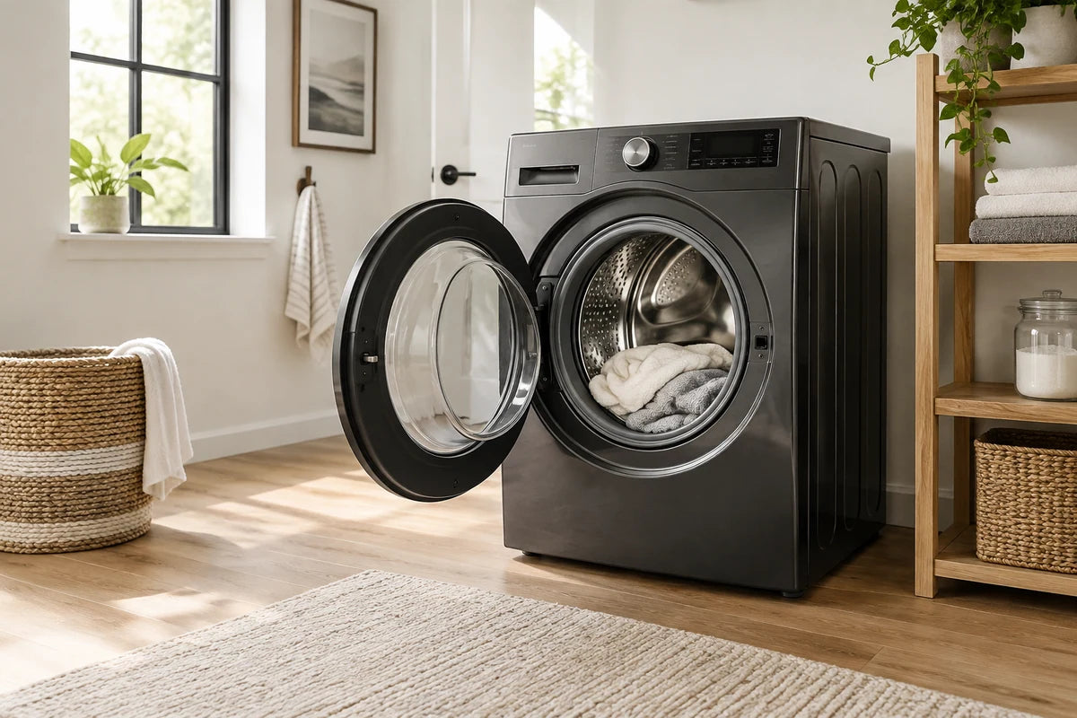 Airy compact laundry room with graphite front-load washer door open into generous clear floor space