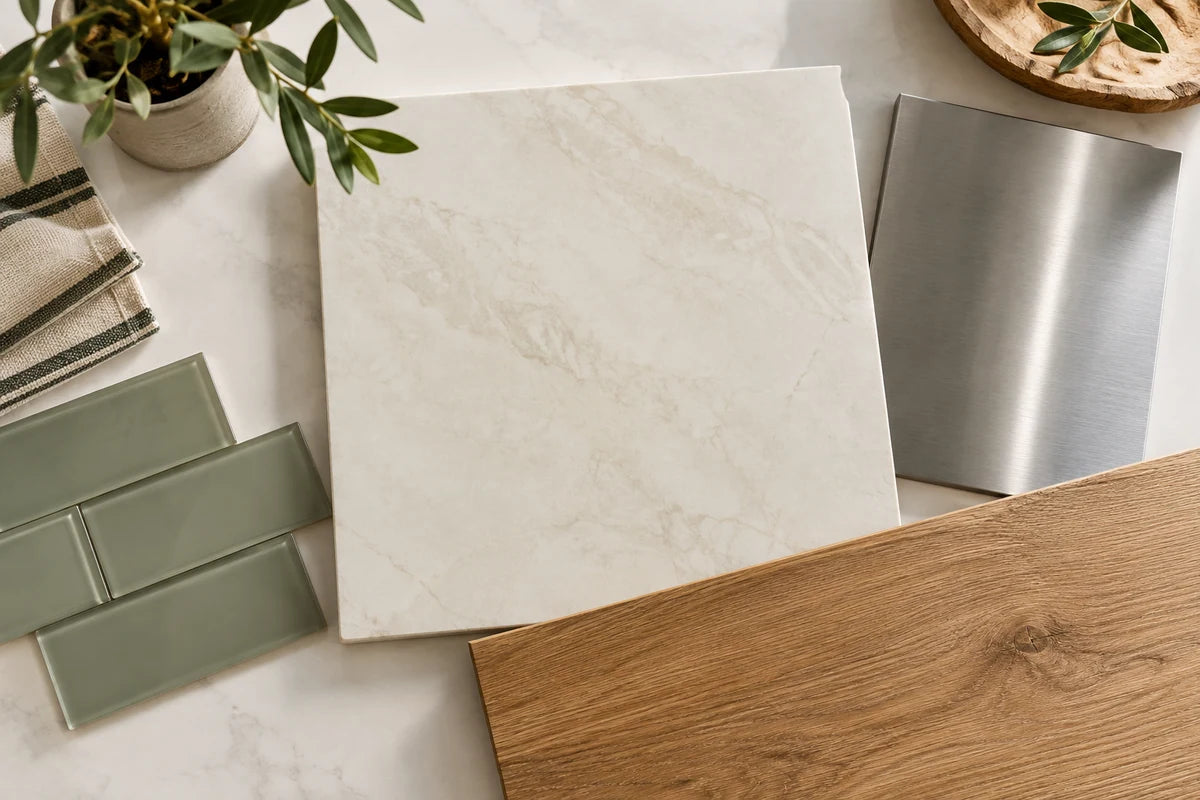 Overhead editorial flat lay of large ivory porcelain tile, warm oak-look flooring plank, muted sage backsplash samples and a brushed stainless appliance-finish sample, neatly composed on warm white worktable