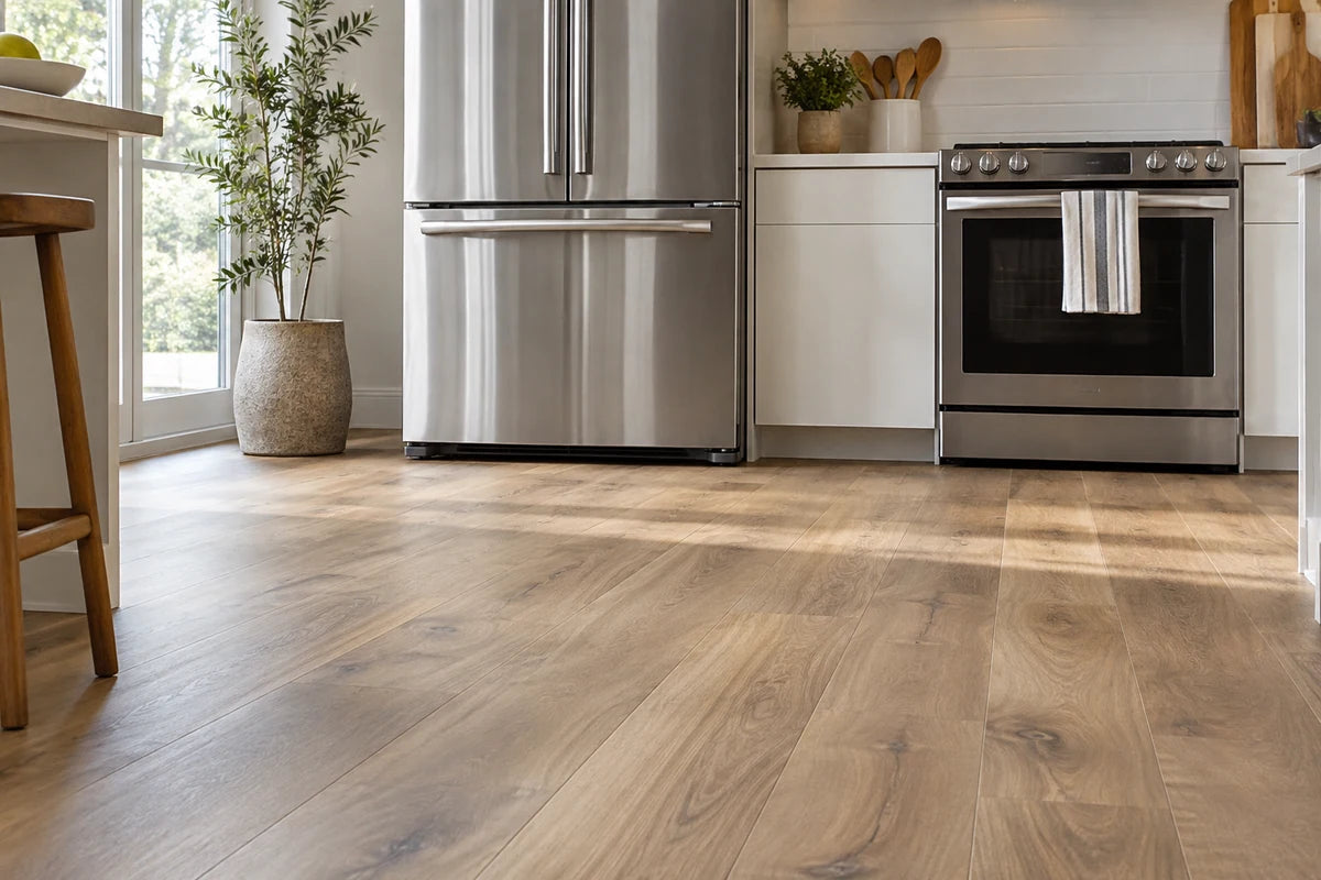 Low but room-readable view across wide natural oak-look LVP planks toward stainless refrigerator and range in a bright kitchen