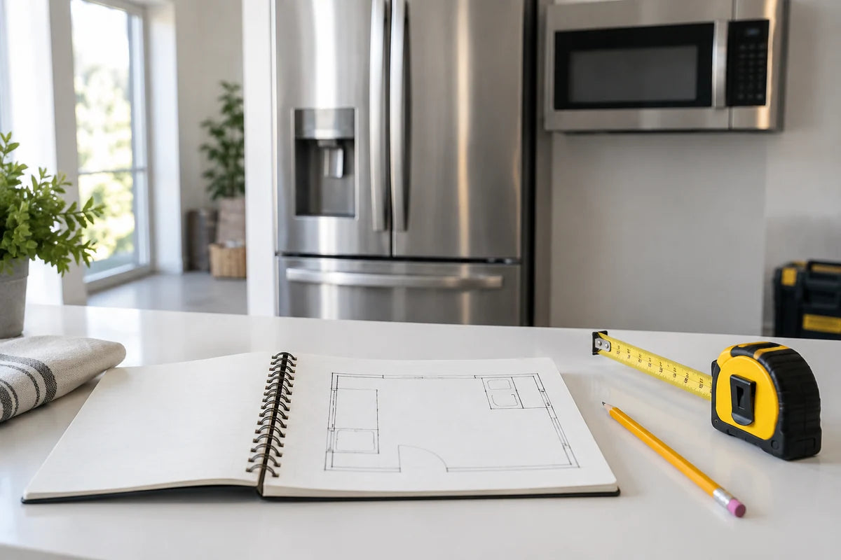 An open notebook with a simple unlabelled room outline, tape measure and pencil on a white worktable, stainless refrigerator and microwave softly visible in bright background