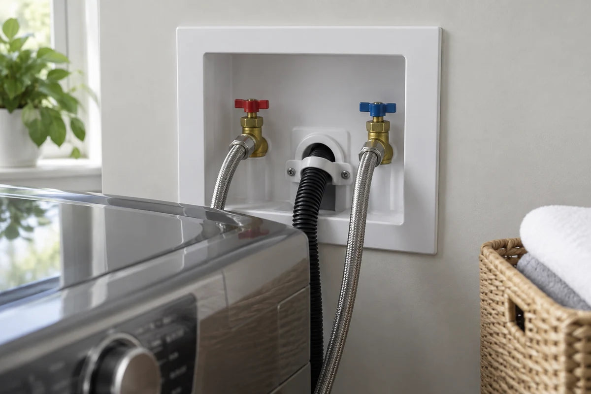 Clean recessed laundry water hookup box behind a slightly pulled-forward washing machine