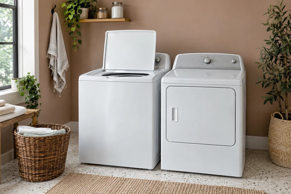 Inviting laundry corner with a white top-loading washer with lid open and matching dryer closed, soft clay-colored wall, pale terrazzo floor and small basket of folded towels