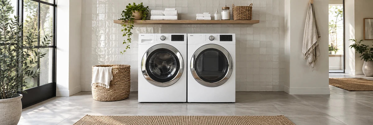 Beautiful spacious laundry room with side-by-side white front-load washer and dryer centered under a single open oak shelf, handmade ivory tile wall and large pale gray tile floor