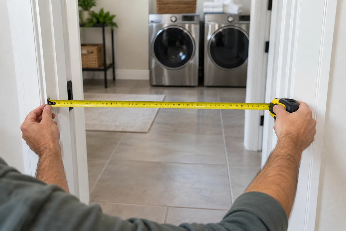 Close-up of adult hands using a retractable tape measure to check a white interior doorway width, tiled appliance-room floor visible beyond