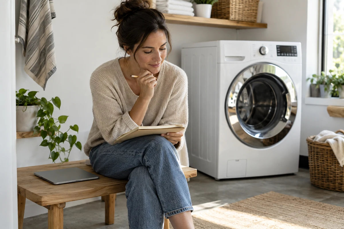 Homeowner noting appliance details beside a white washing machine