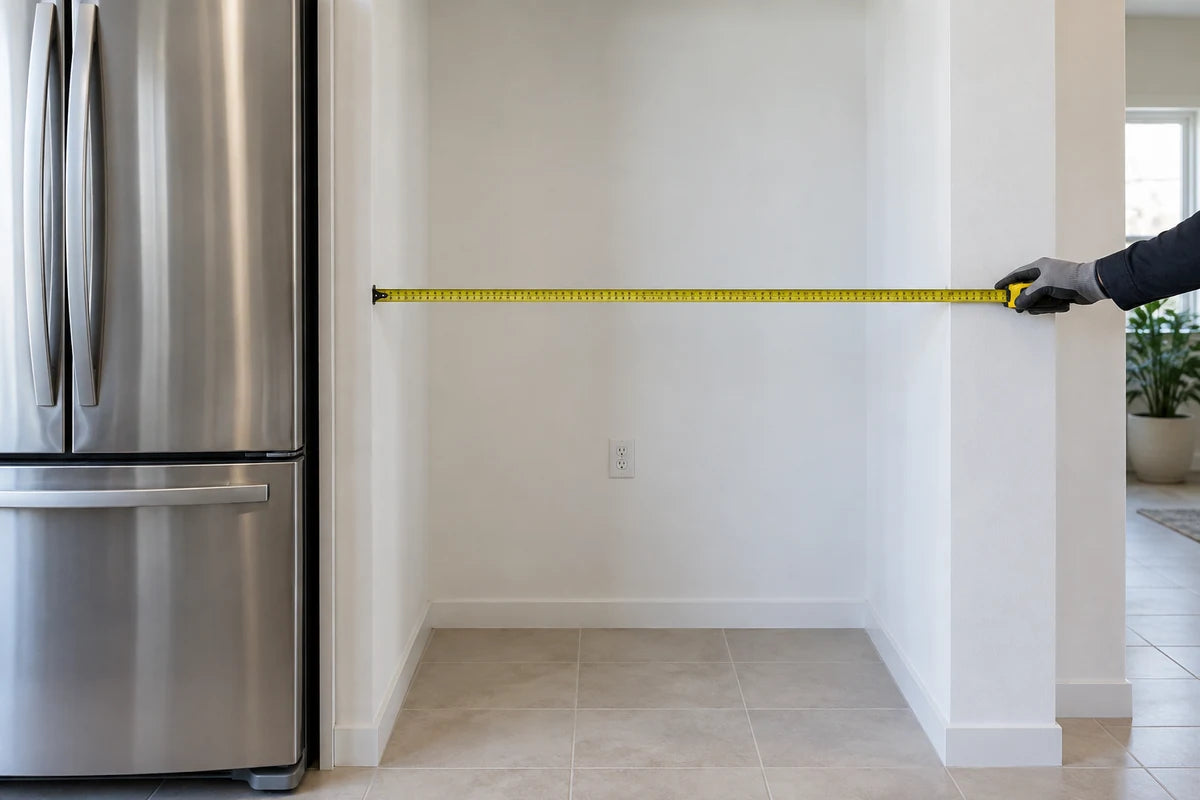 A tape measure stretched horizontally across an empty refrigerator alcove, clean white walls, pale tiled floor, a gloved hand holds tape at one edge