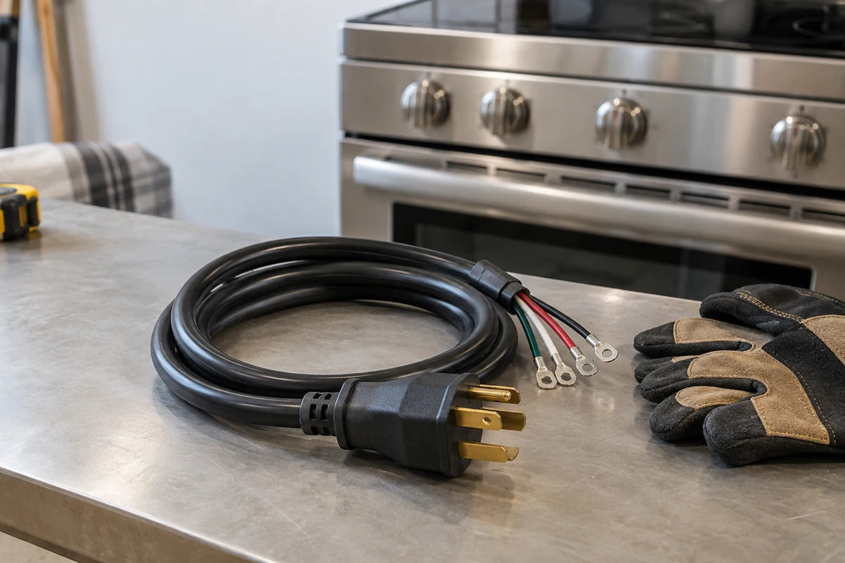 A clean heavy-duty four-prong appliance power cord coiled neatly on a neutral workbench beside closed protective work gloves, edge of unplugged stainless range softly visible behind