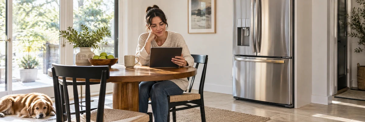 Candid homeowner at a small kitchen table looking at a tablet, a beautiful stainless refrigerator clearly visible nearby and warm daylight on pale tile flooring
