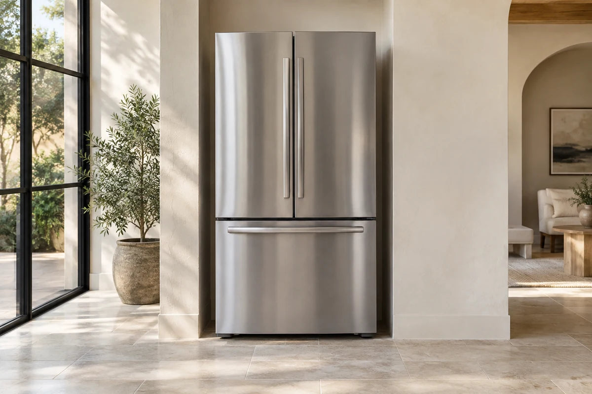 Sleek stainless counter-depth French-door refrigerator standing in a simple plaster alcove, full appliance visible with floor clearance, natural afternoon light, pale limestone-look floor
