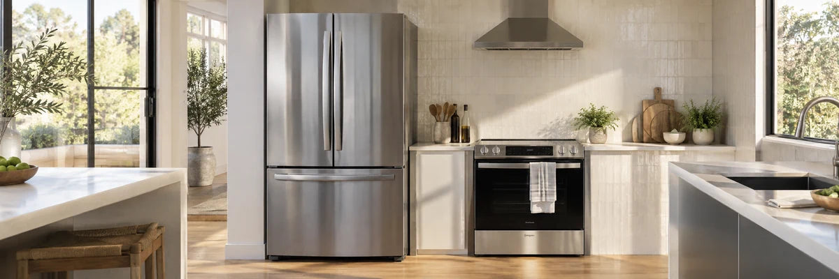 Sunlit kitchen with a stainless French-door refrigerator and induction range, pale tile backsplash and oak-look flooring