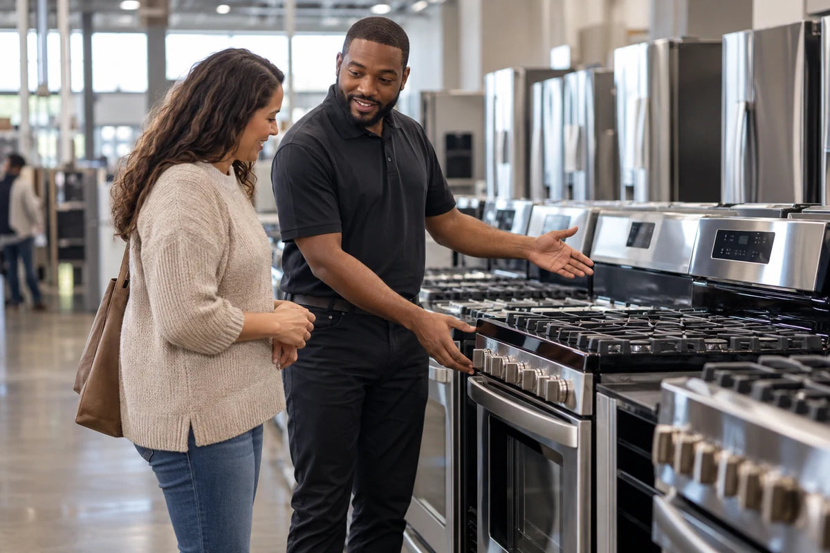 Friendly home-improvement store associate wearing a plain dark polo speaking with a customer beside a row of freestanding ranges, candid warm consultation