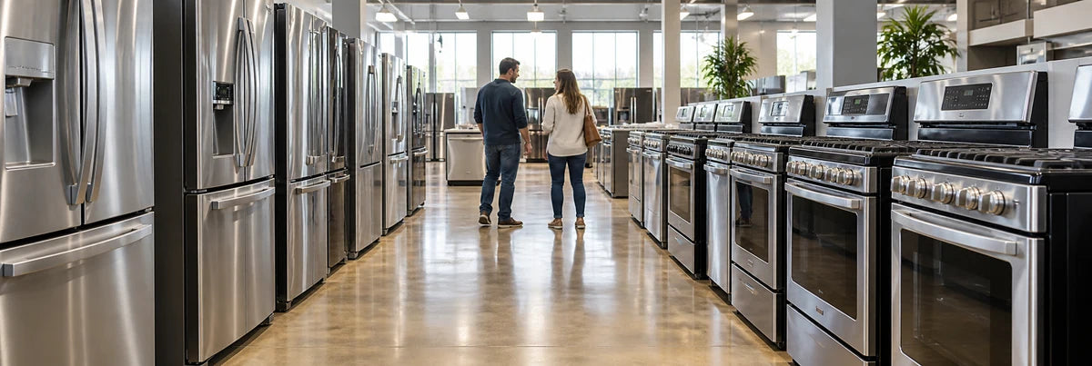 Bright organized home improvement appliance showroom aisle with stainless refrigerators on one side and freestanding ranges on the other, warm polished concrete floor, two small adult shoppers in middle distance