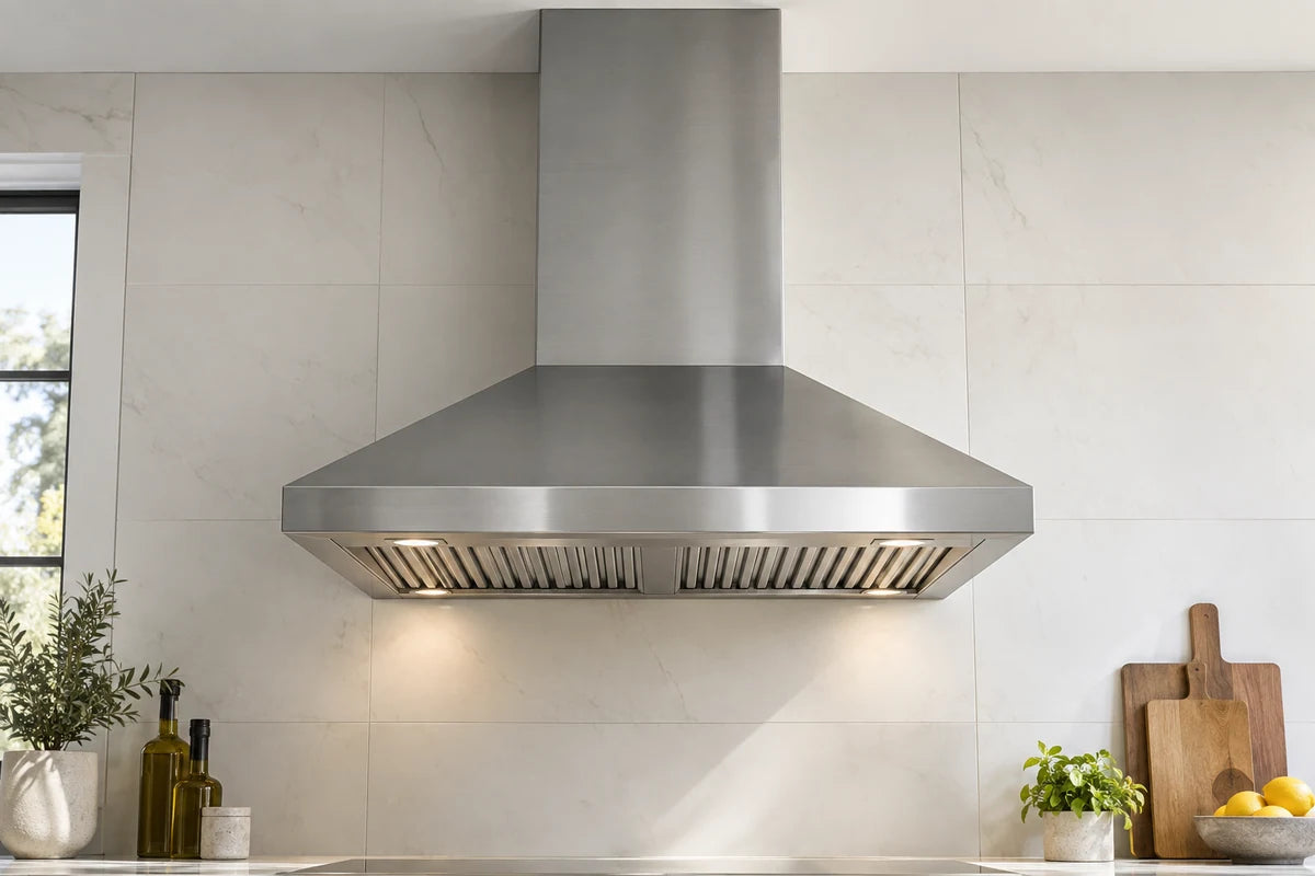 Architectural close view of a brushed stainless chimney range hood against matte large-format warm white tile, underside baffle filters clearly visible, professionally finished straight duct cover reaches ceiling