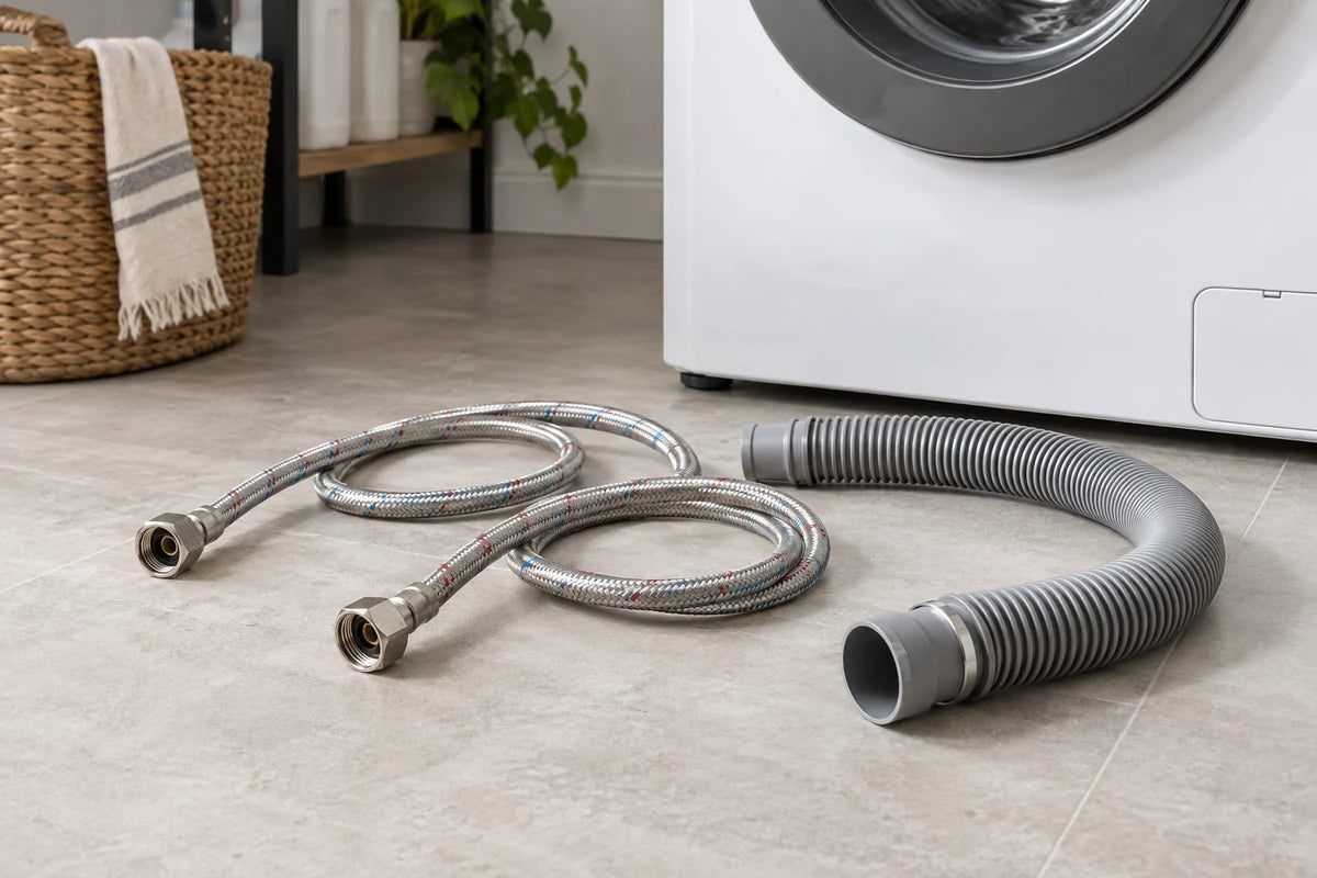 Tidy still life of two braided stainless water supply hoses and a curved corrugated drain hose laid separately on a pale utility-room floor beside the lower side of a washing machine