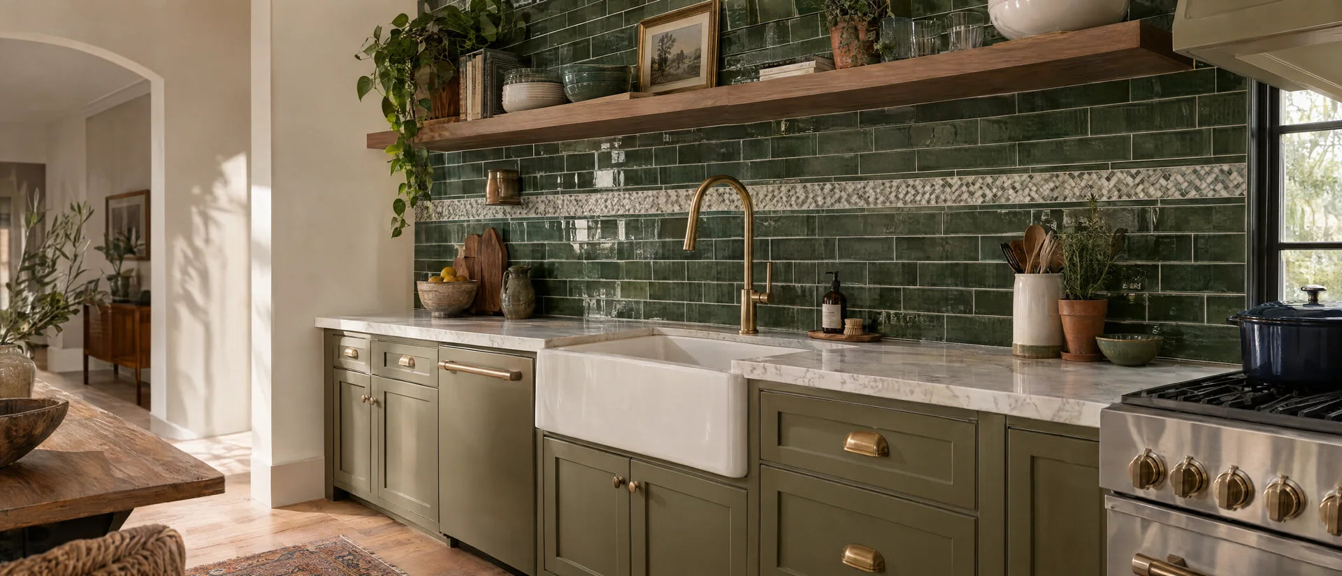 Architectural view of a characterful kitchen with handmade glossy forest-green subway backsplash and a narrow marble mosaic accent, walnut shelves, brass faucet, inviting side sunlight