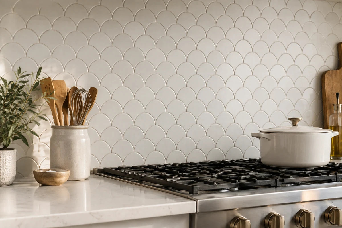 Warm white scallop-shaped mosaic backsplash above a quartz worktop, brushed stainless range edge below, neat matching grout, understated ceramic utensil jar