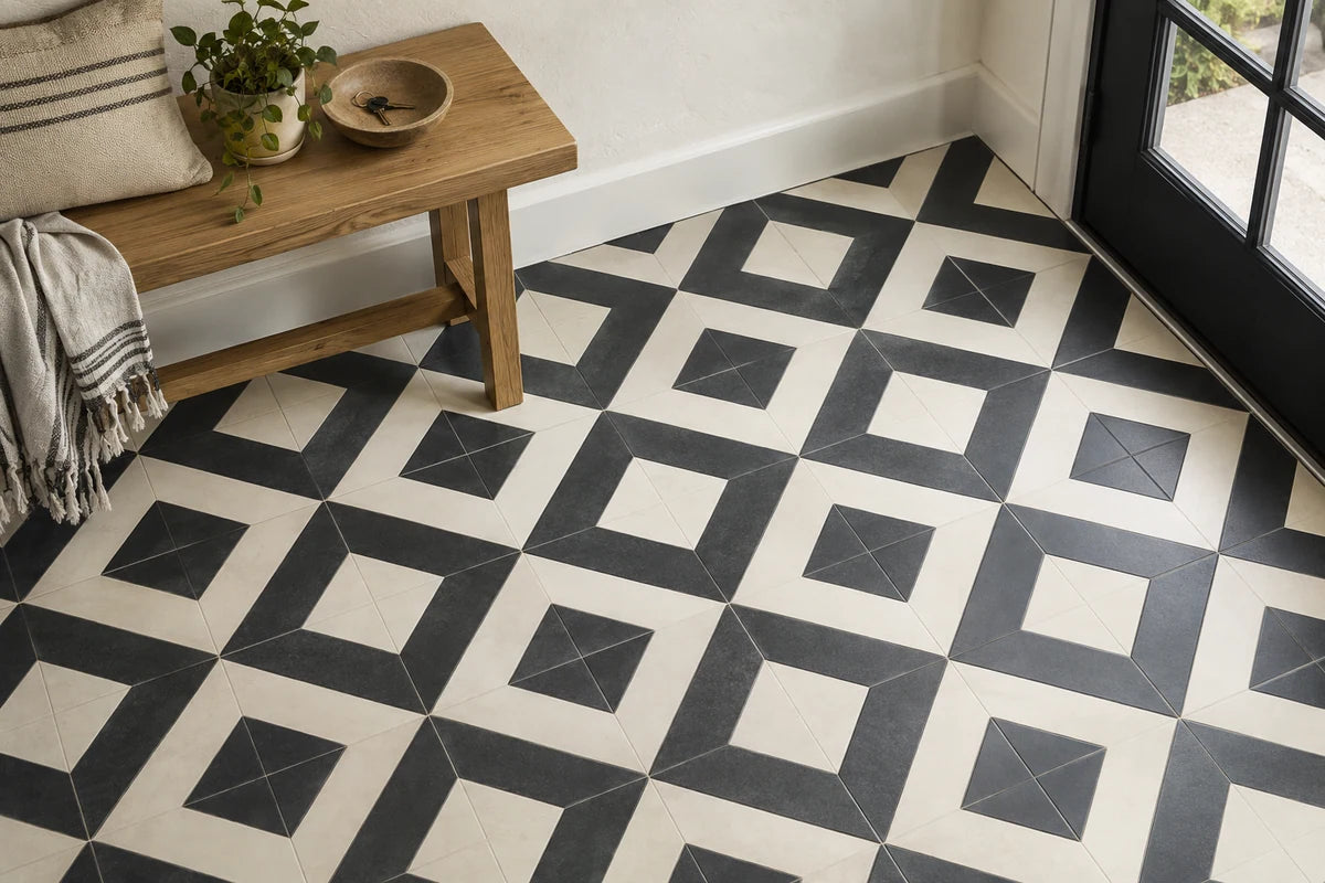 Graphic black and ivory geometric tiled entry floor with a clean repeating diamond pattern, edge of a slim oak bench and cream plaster wall, overhead oblique composition, bold but attainable