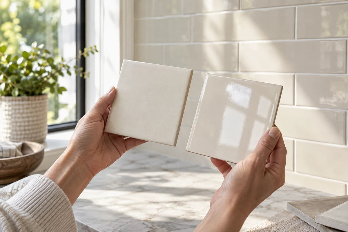 Adult hands comparing a matte ivory tile sample with a glossy ivory tile sample near a sunlit window, both surfaces clearly show different light reflection, clean natural close-up, no text
