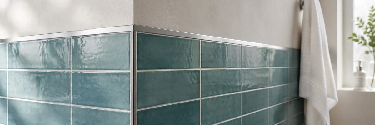 Beautiful close architectural view along the edge of a blue-green tiled bathroom half-wall finished with a slim brushed nickel tile profile, pale plaster beyond, complete crisp corner and soft side light, one white towel at distant edge