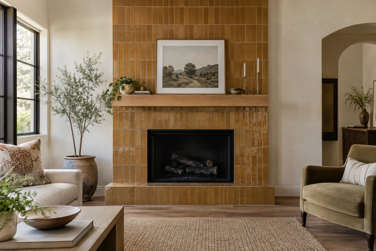 A refined living room focal point: a full-height warm ochre glazed tile fireplace surround with an unlit black firebox, slender floating oak mantel, plaster walls, and a small upholstered chair