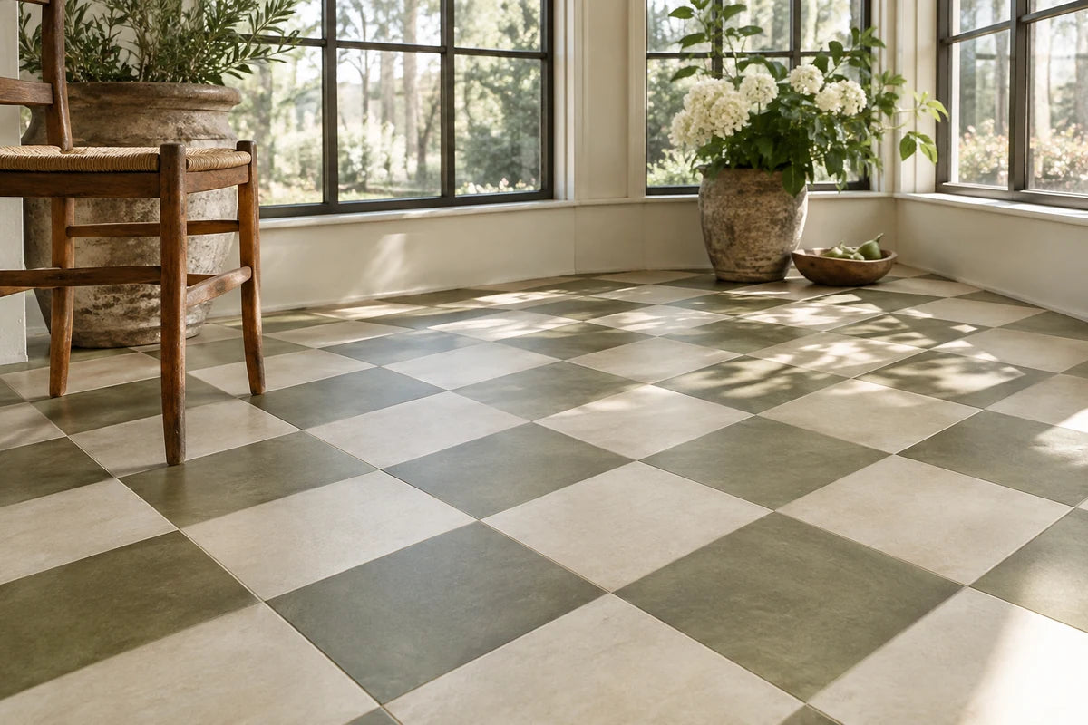 Beautiful dusty cream and muted olive checkerboard porcelain tile floor in a sunroom, clean grout and small wooden chair at edge, sunlight through tall windows