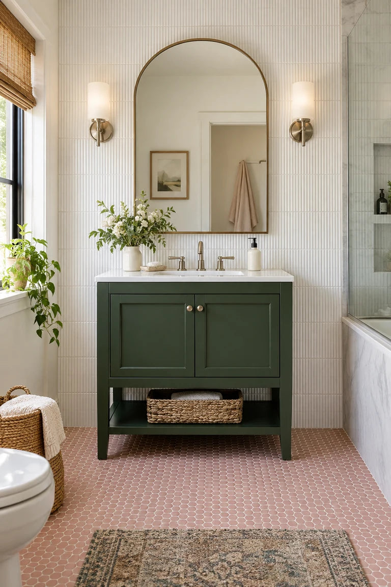 Freestanding forest-green bathroom vanity with brass hardware, white ribbed wall tile and a pink hexagon mosaic floor