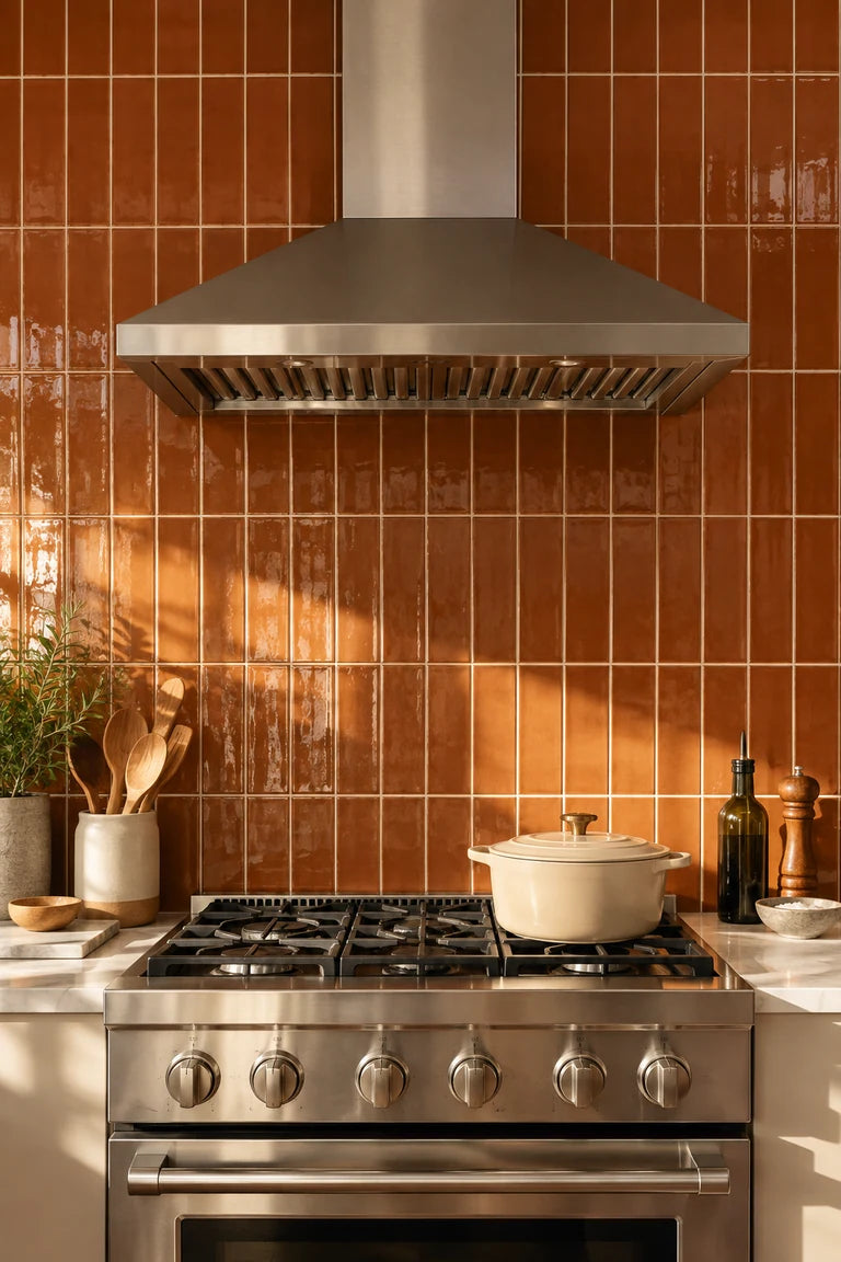 Appliance-focused kitchen detail with stainless range and chimney hood against a full-height burnt-orange glazed tile backsplash, precise cream grout, quartz counter edges only, cabinetry out of frame