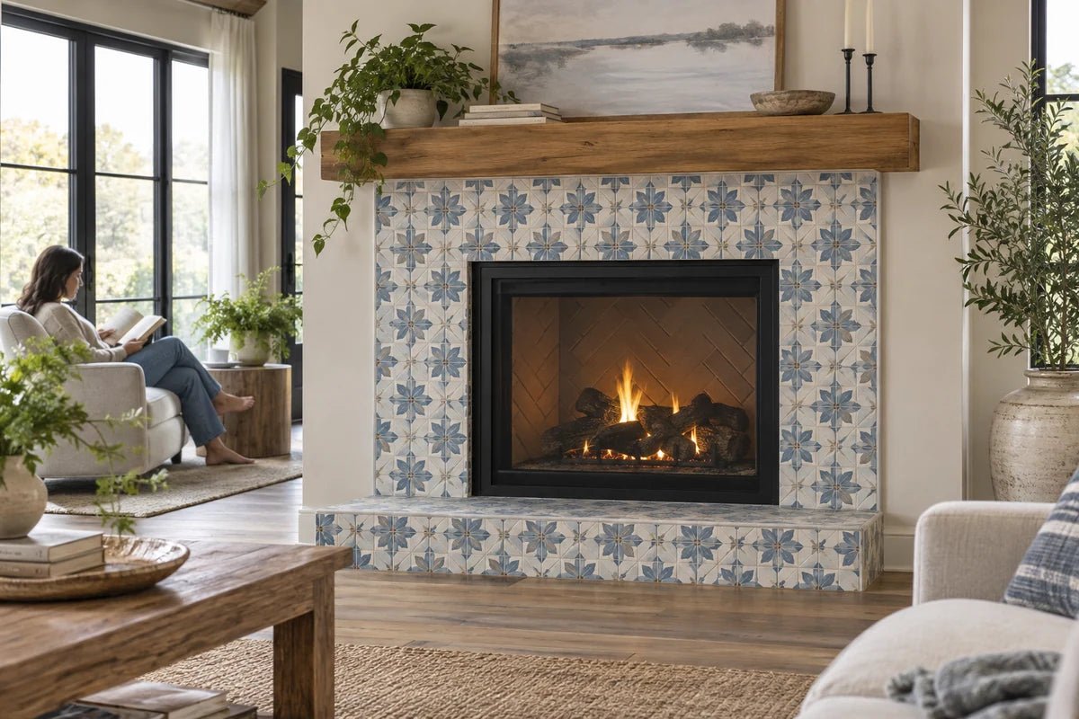 Relaxed living room with a cream and muted blue patterned tile fireplace, oak-look flooring, linen seating at edges and a person quietly reading by the window in the background