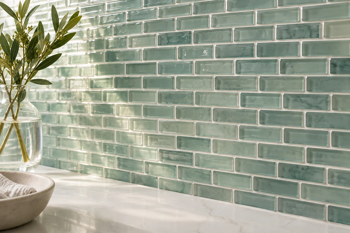 Translucent sea-glass green small rectangular mosaic tiles forming a light-reflecting backsplash, crisp pale grout, a slim white counter and glass vase at edge