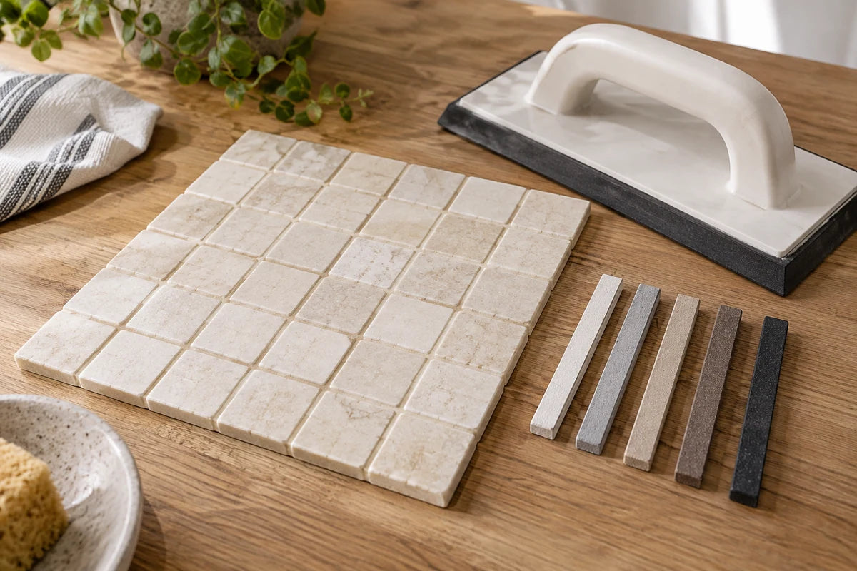 Professional grout planning still life: five small grout sample sticks in white gray beige brown and black arranged beside a cream mosaic sheet and a clean rubber grout float on an oak workbench