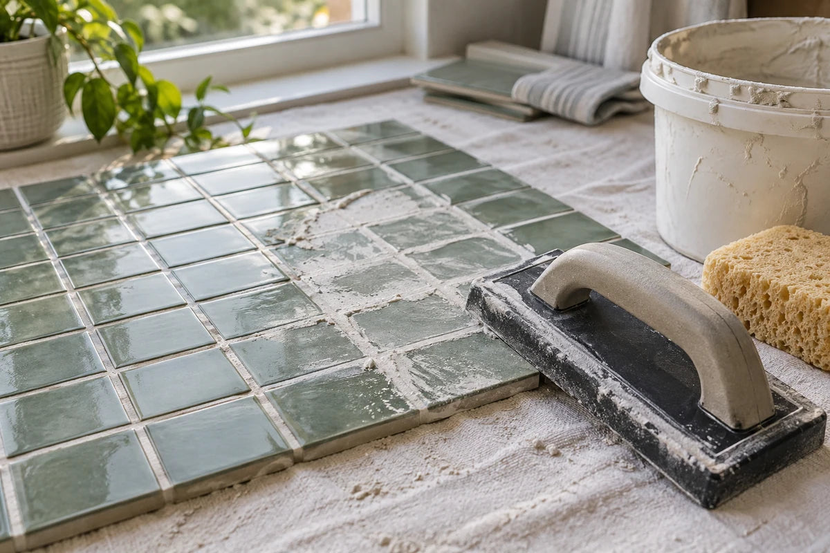 Close editorial photograph of a clean rubber grout float beside a partly grouted muted green mosaic tile panel on a worktable, pale grout visibly filling some joints, sponge and plain bucket at edge, no branding