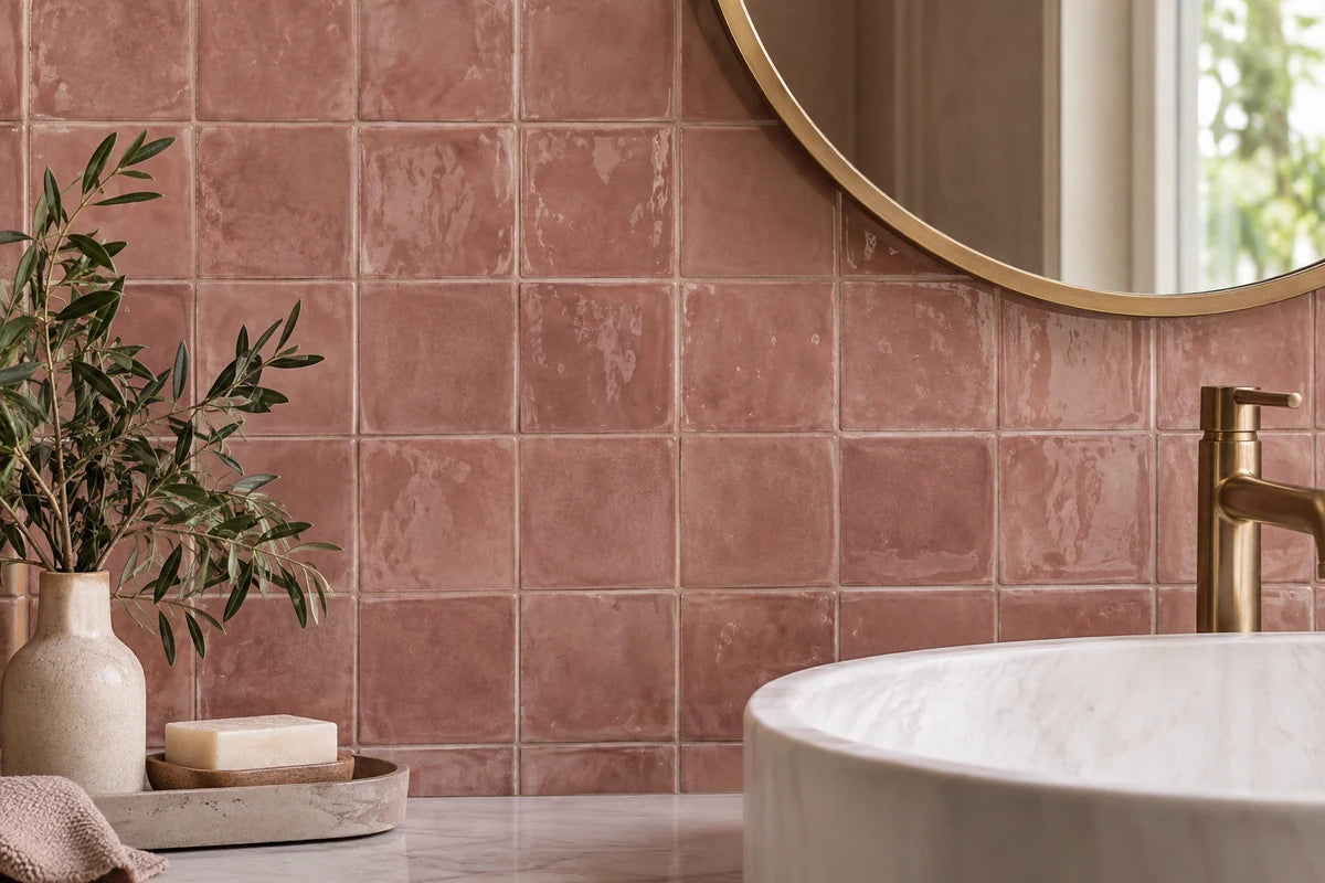 Rich dusty-rose handmade-look glazed square tiles on a powder-room wall, gently imperfect glaze and subtly varied color, creamy grout, edge of a brass tap and round mirror, editorial detail