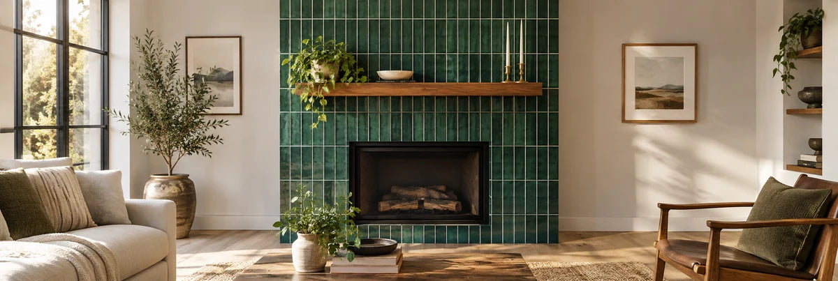 A sunlit living room centered on a floor-to-ceiling deep jade glazed rectangular tile fireplace surround with precise cream grout, pale plaster walls, oak-look floor, just edges of a linen sofa and walnut chair