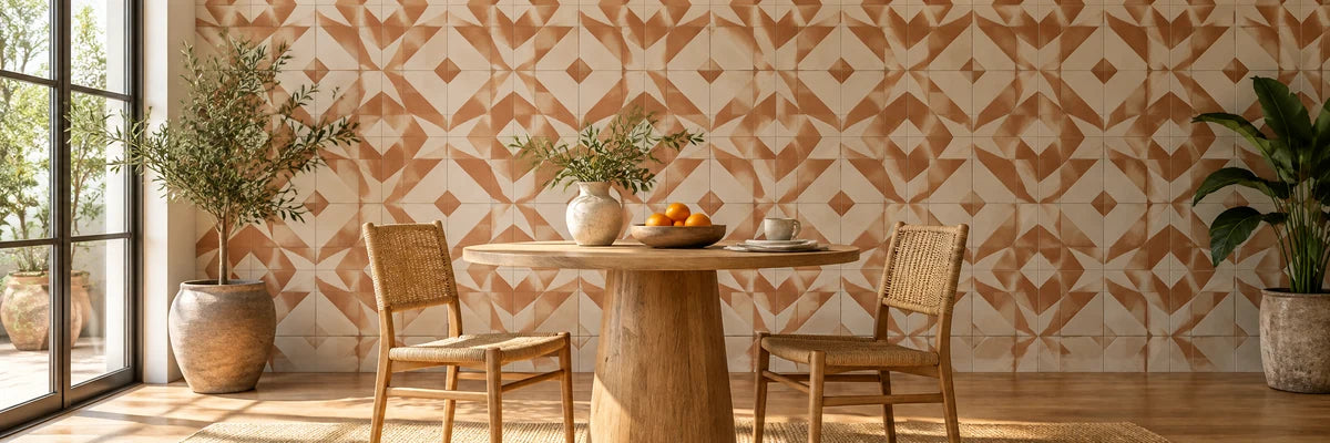 Inviting breakfast nook with a whole wall of muted terracotta and cream decorative square tile in a rhythmic geometric design, oak table and two woven chairs, garden light