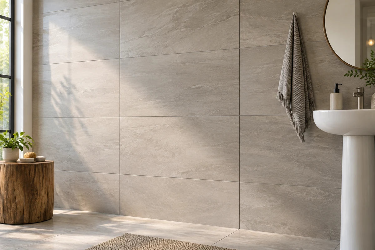 Large 24-by-48-inch warm gray porcelain tiles on a bathroom feature wall, deliberate stagger-free straight stack pattern, fine clean grout, strong side lighting shows scale, small pedestal basin at far edge